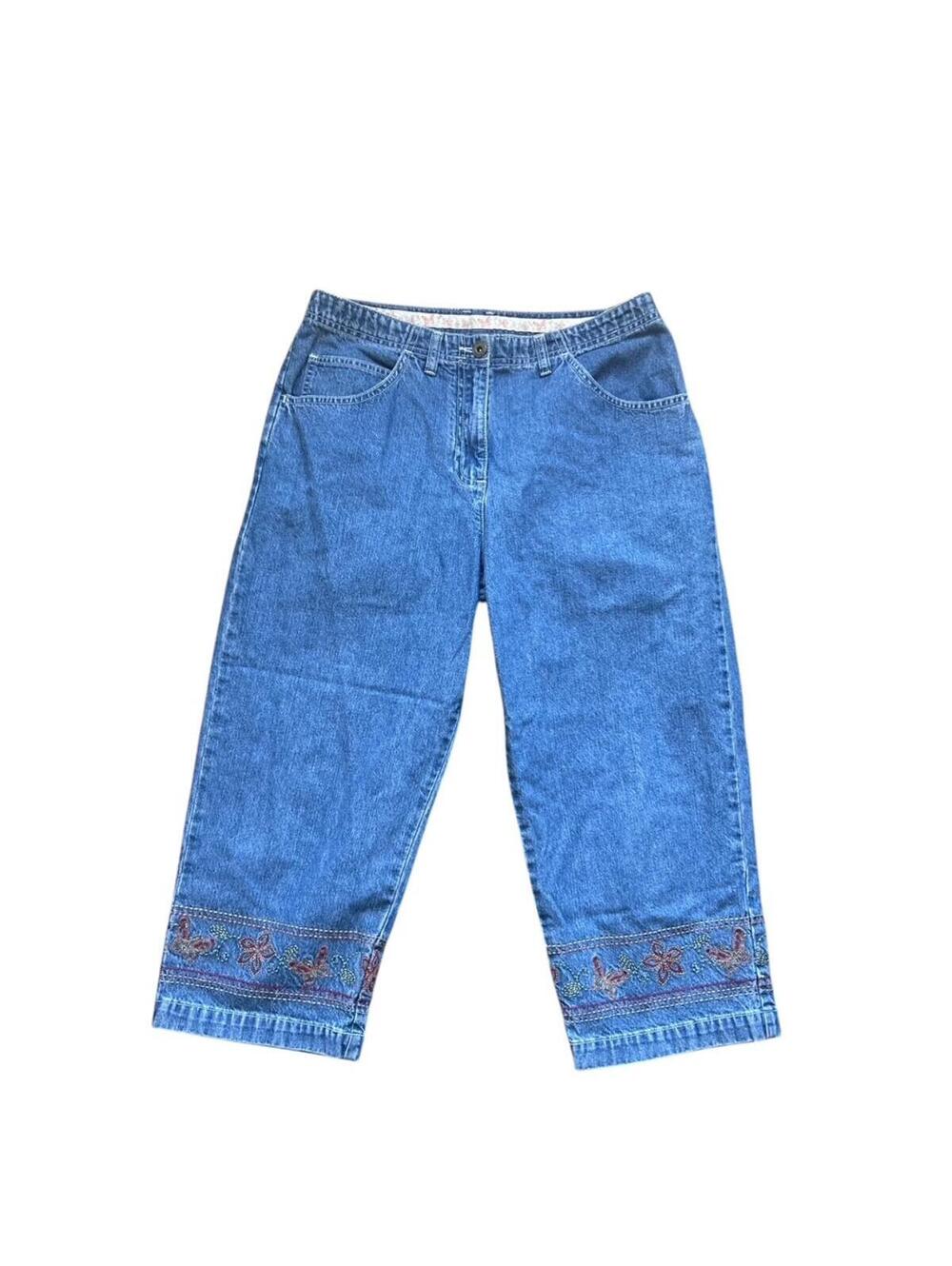 VTG Denim Capri Pants Size 10 Butterly Embroidery Granny Boho Resort Y2K